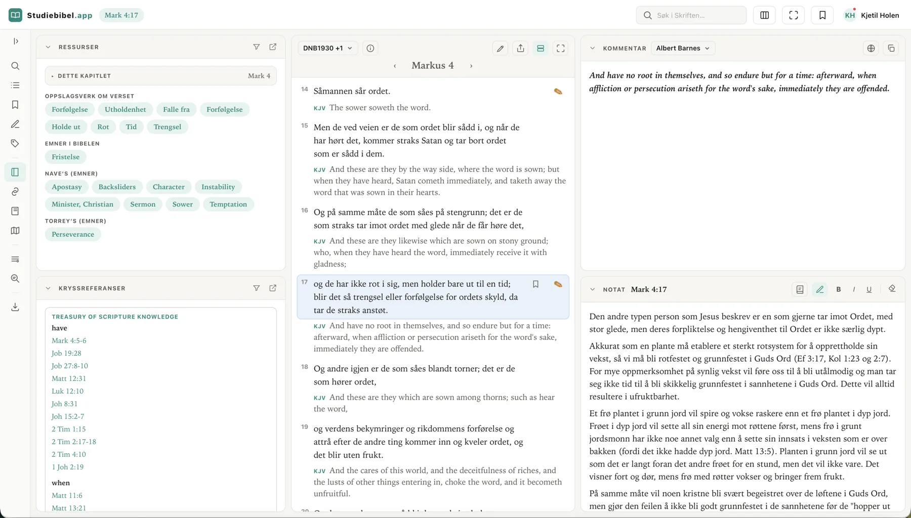 Studiebibel.app på Mac: Markus 4 i midten med parallelltekst fra KJV og Bibelen 1930, panelene Ressurser og Kryssreferanser til venstre, og bibelkommentaren av Albert Barnes sammen med et personlig notat til høyre.
