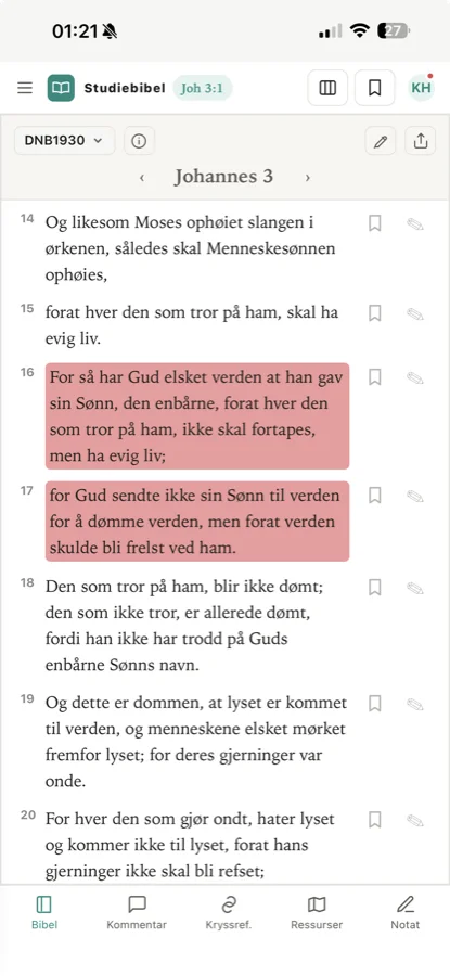 Studiebibel.app på telefon: Johannes 3 i Bibelen 1930 med egne markeringer i teksten og fanelinje nederst for Bibel, Kommentar, Kryssreferanser, Ressurser og Notat.